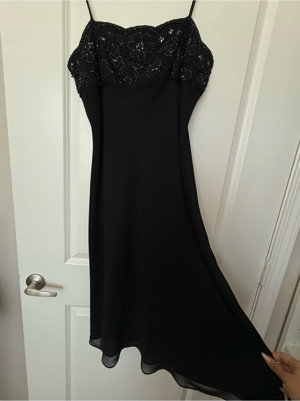 Ann Taylor 90s Black Midi Dress Silk Lace Beaded Bodice Cocktail whimsiGoth 12